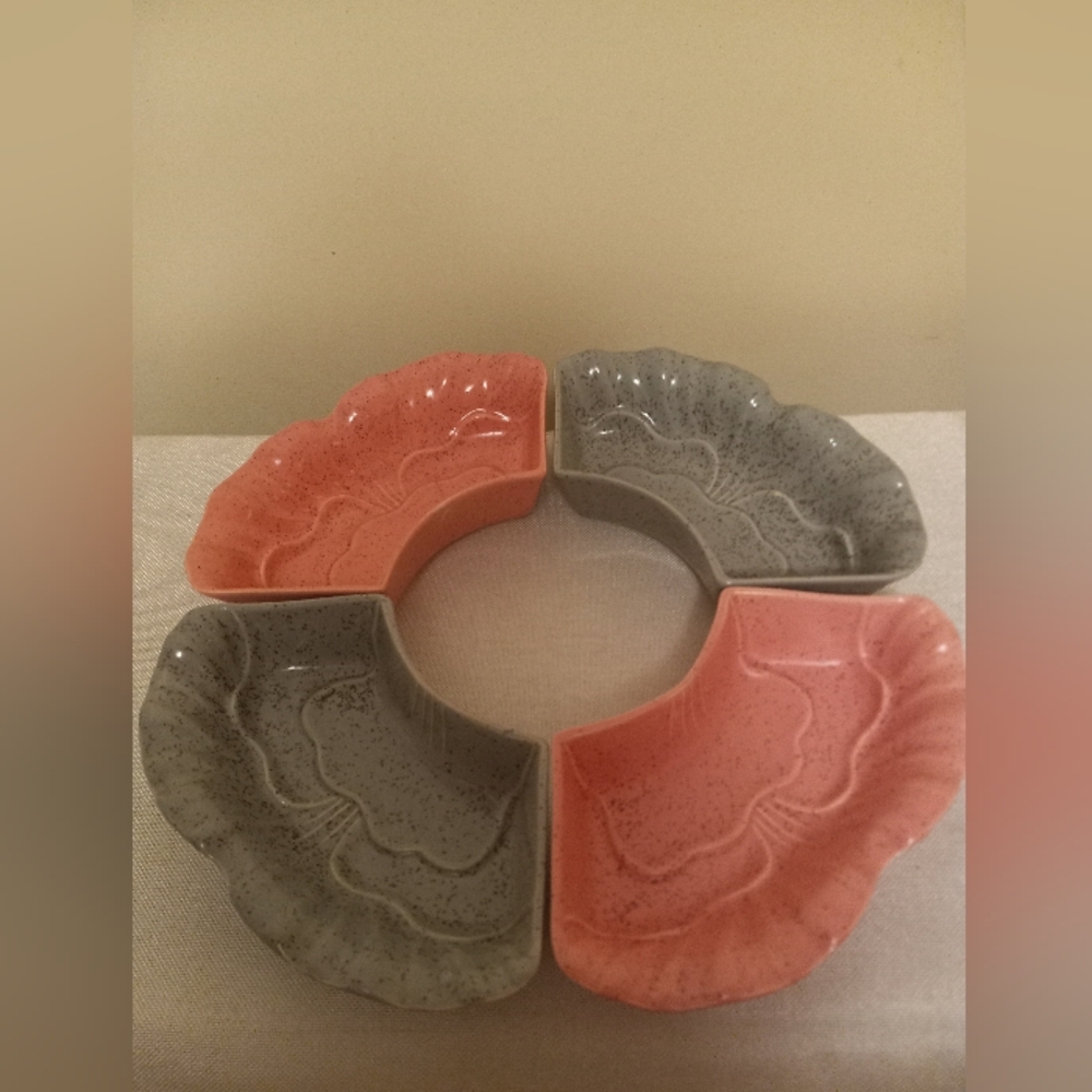 Vtg  Glazed California Pottery Lazy Susan 4 Piece Pink Gray Speckled